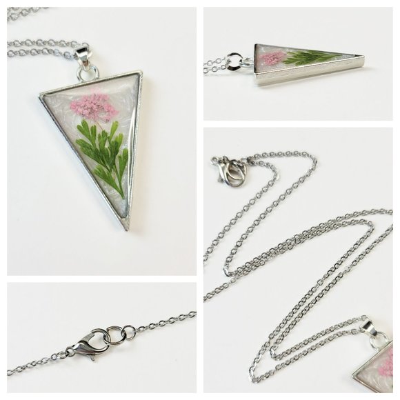 Floral Pendant Necklace Pastel Pink Green and Pearl White Pressed Dried Flowers - Picture 5 of 10